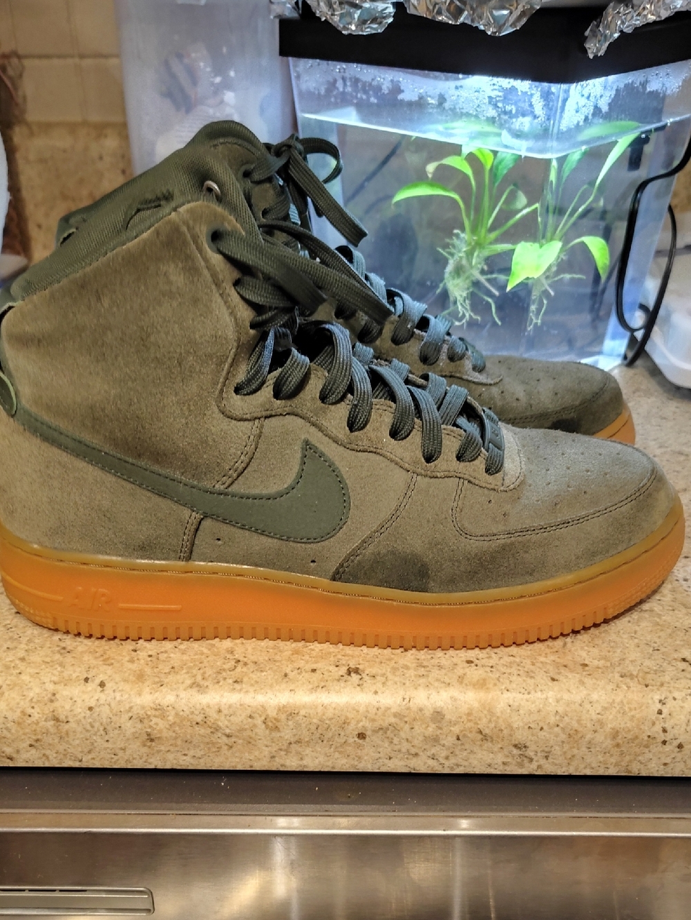 Nike Air Force 1s...Olive Green, Suede High-Top Sneakers with Gum Drop Bottom